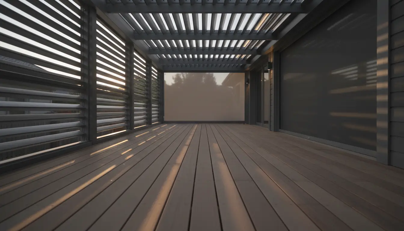 A screened outdoor room under a louvered aluminium roof at low sun, blade shadow striping cedar decking