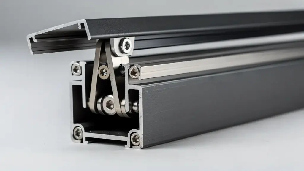 Cutaway of the open end of a louvered pergola beam, showing the drive rail, linkage arm, blade pivots and stainless fasteners inside the graphite aluminium section