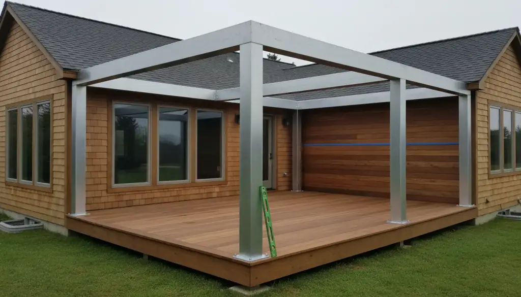 Aluminium pergola posts and header beams set on a cedar deck beside a shingled house, roof frame still open with no blades installed