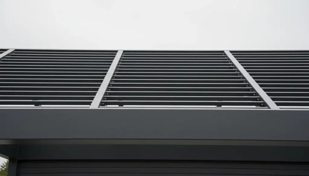 Graphite aluminium louver blades racked into the open roof frame of a pergola across three bays, seen from below