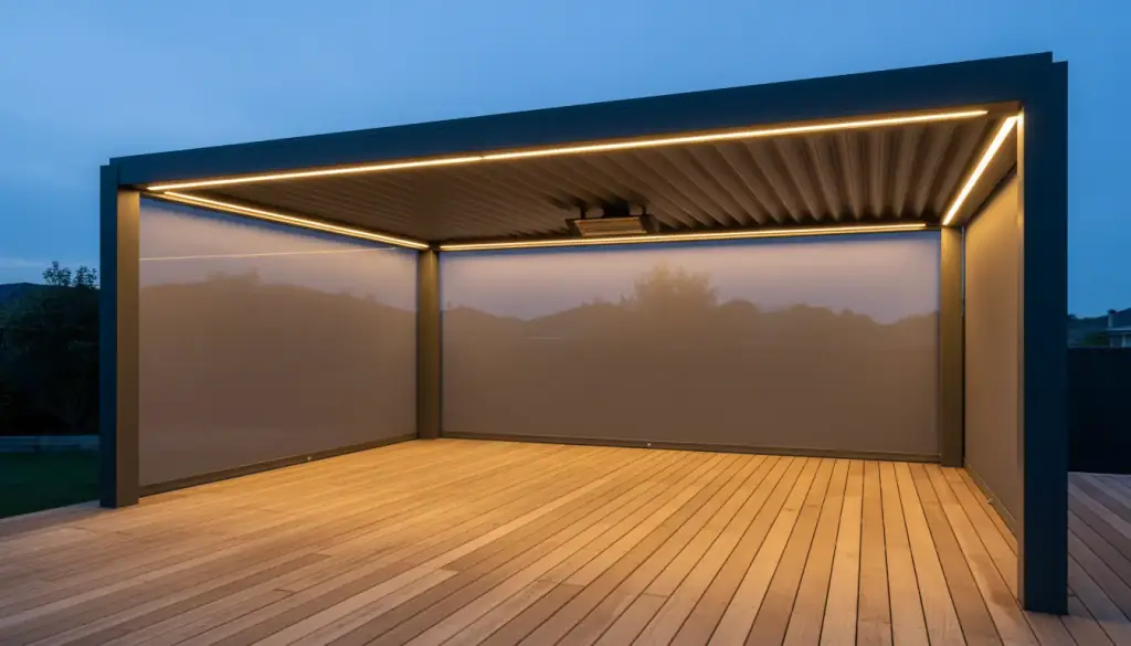 A finished louvered pergola at blue hour with blades closed, motorised screens fully dropped and warm lighting along the beam soffits