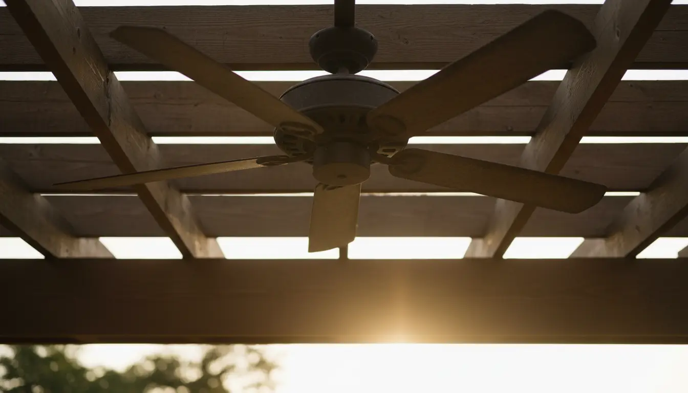 Upward view of a wide outdoor ceiling fan mounted between the rafters of a covered pergola bay