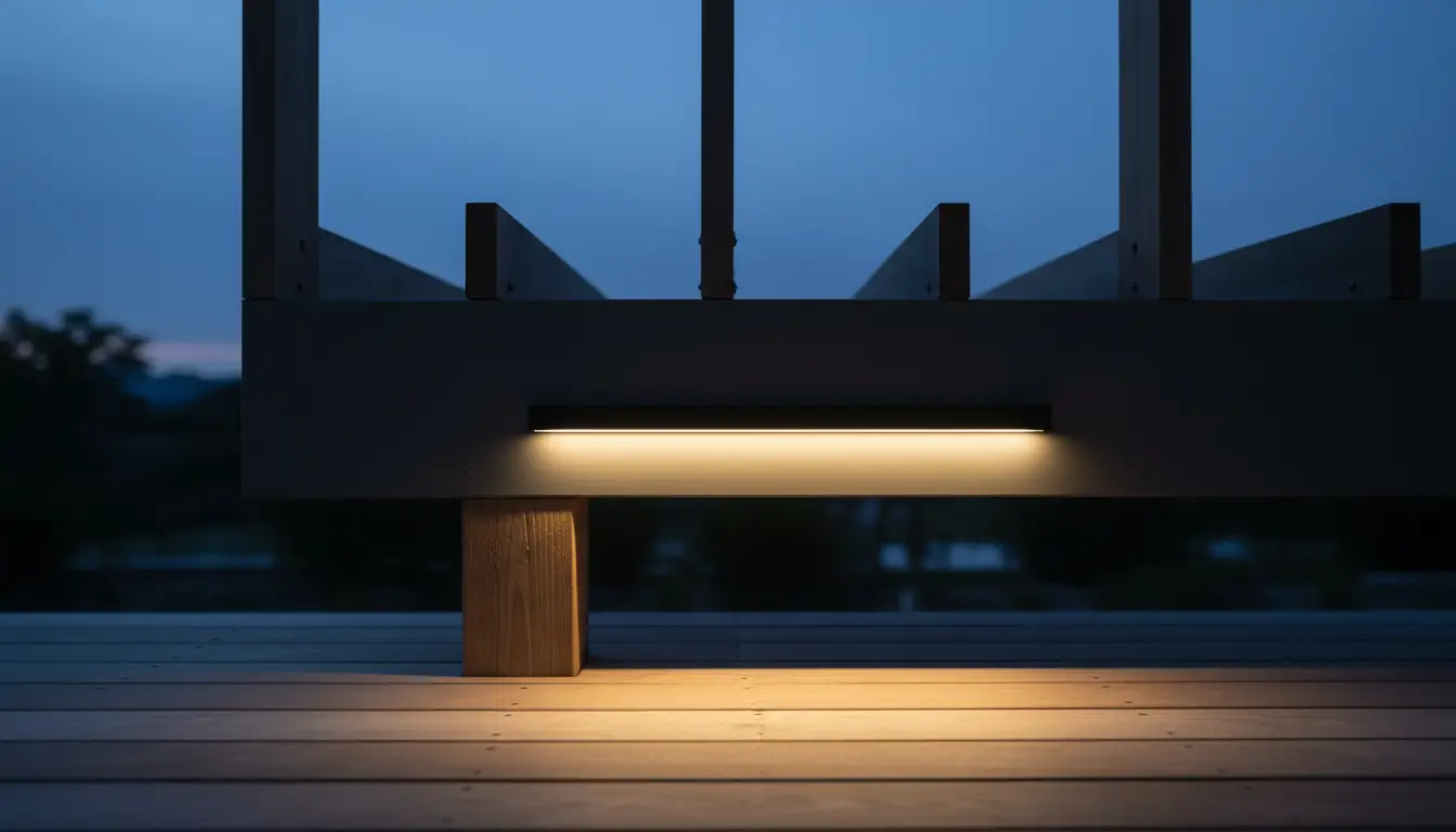A slim warm linear light recessed into the underside of a pergola beam at dusk, washing light down a cedar post