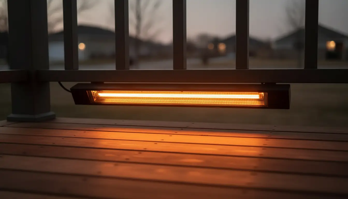 A slim black radiant heater mounted under a pergola beam at dusk, element glowing along the housing