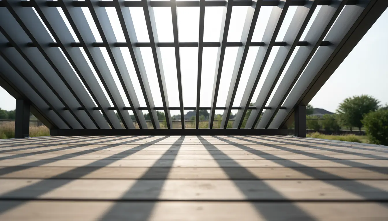 Looking up the blade run of a louvered aluminium pergola roof, blades part open with sky showing between them